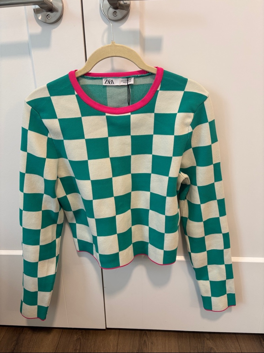 Zara Green and Cream Checkerboard Crewneck Sweater with Pink Trim